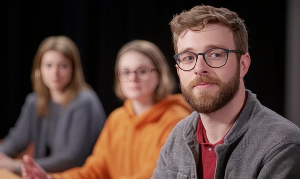 A young man with glasses and a beard looks directly at the camera with two women behind him blurred. photo