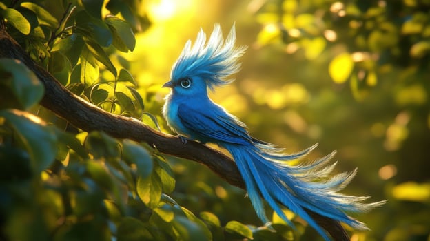 A vibrant blue bird with a long tail perches on a branch in a lush green forest, bathed in the warm glow of the setting sun. photo