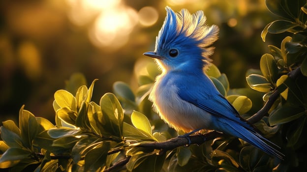 A vibrant blue bird with a crested head perches on a branch, bathed in the warm glow of the setting sun. photo