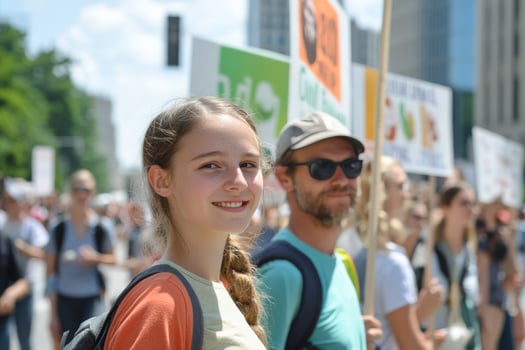 Young woman smiles at camera during a protest march. photo