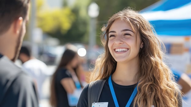 Young woman smiling and talking to a man at an outdoor event. photo