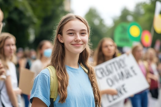 A young woman smiles at the camera during a protest. photo