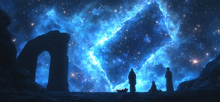 Three figures stand in awe beneath a magnificent, starry sky with a blue nebula. photo