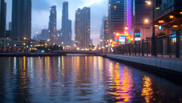 Cityscape with Reflections in Water at Dusk. photo