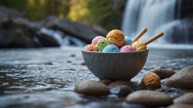 Colorful ice cream scoops in a bowl on river stones with a waterfall in the background photo
