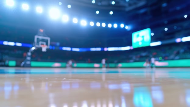 Empty basketball court with blurred players and spectators in the background. photo