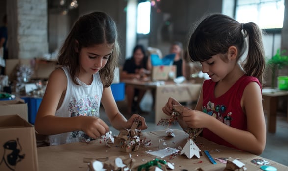 Two young girls craft with recycled materials at a table. photo