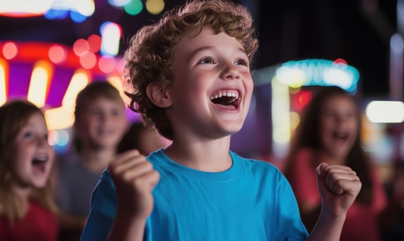 A young boy with curly hair smiles and cheers with his friends at an amusement park at night. photo