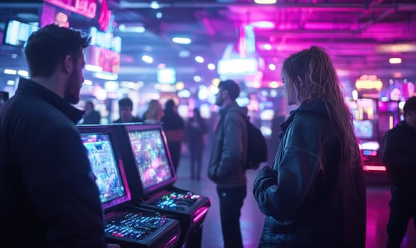 A young couple playing games at an arcade with neon lights. photo