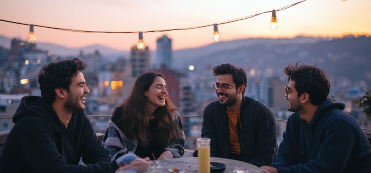 Four friends laughing together on a rooftop patio at dusk. photo