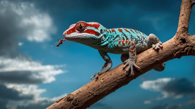 Colorful gecko perched on a branch, hunting an ant against a dramatic sky backdrop photo