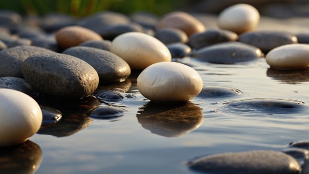 Serene scene of smooth pebbles and eggs resting in calm water, surrounded by lush greenery photo