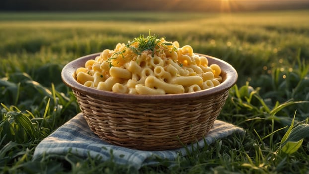 Bowl of creamy macaroni and cheese placed on a checkered cloth in a sunlit grassy field at dusk photo