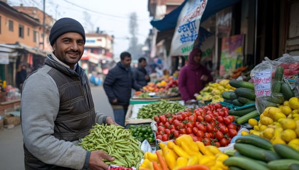 A smiling vendor stands at his stall, selling fresh produce in a bustling market. photo