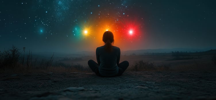 Woman meditating under the starry sky, with colorful lights above her. photo