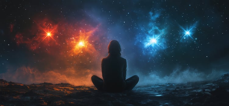Woman meditating under a starry sky with vibrant constellations. photo