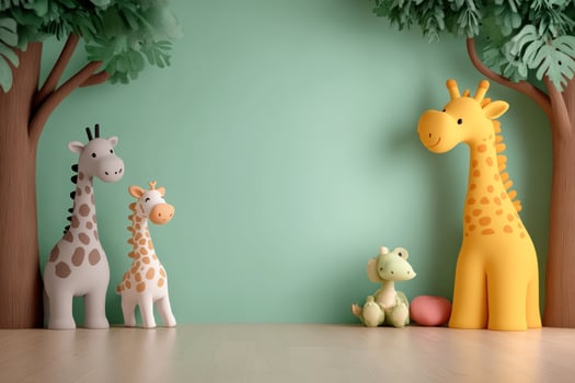 Three giraffes and a dinosaur stand in front of a green background. photo
