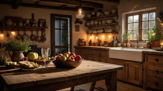 Cozy rustic kitchen with wooden furniture, fresh fruits on the table, warm lighting, and vintage decor photo