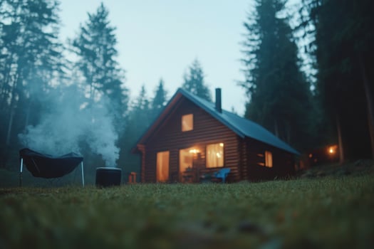 A cozy cabin with warm lights and a fire pit in the forest. photo