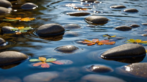 Tranquil stream with smooth stones and colorful autumn leaves floating on the surface photo