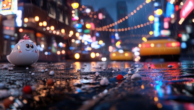 A cute cartoon chicken sits on a rainy city street, surrounded by colorful lights and reflections. photo
