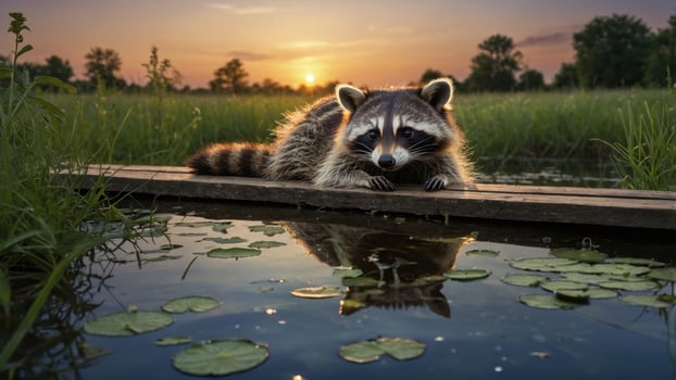 Raccoon resting on a wooden dock at sunset, surrounded by lily pads and lush greenery photo