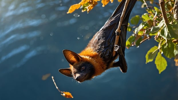 A close-up of a bat hanging upside down amidst vibrant foliage near a shimmering water body photo