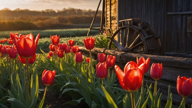Vibrant red tulips blooming in a field near a rustic wooden barn at sunset, creating a serene landscape photo
