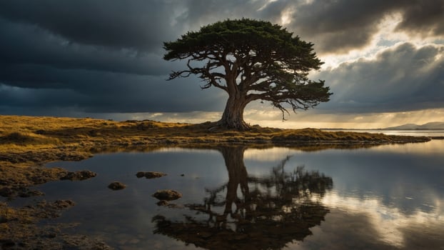 Majestic solitary tree reflected in calm water under dramatic stormy sky with golden light photo