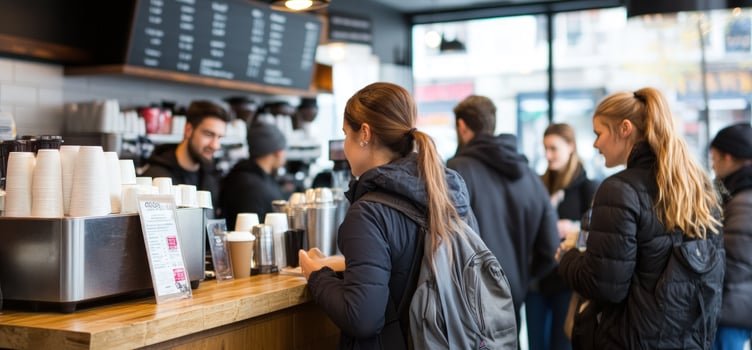 People wait in line at a coffee shop counter with coffee cups and a barista working behind the counter. photo