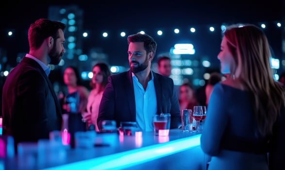 Three friends chat at a rooftop bar at night with a cityscape in the background. photo