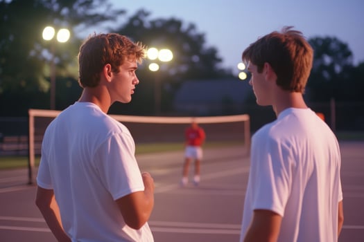 Two teenage boys stand on a tennis court talking to each other, a blurry figure in the background. photo