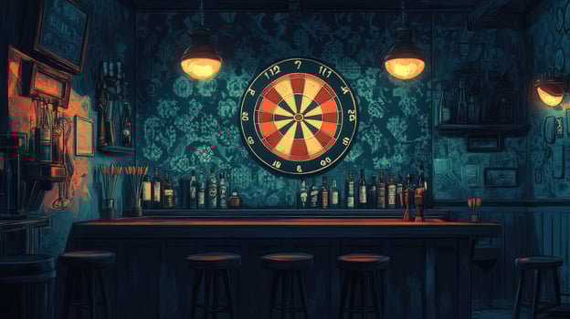 A dimly lit bar interior with a dartboard, a counter, stools, and bottles of alcohol. photo