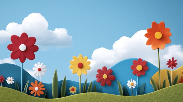 Colorful paper flowers and green grass on a blue sky background. photo