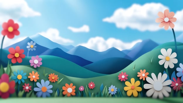Colorful paper flowers blooming in a green field with blue mountains and a sunny sky in the background. photo