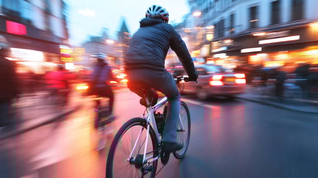 Cyclist riding through a busy city street at night with blurred lights and traffic. photo