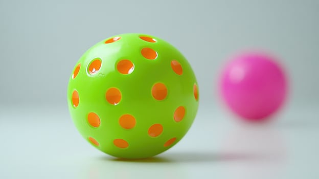 A green ball with orange holes and a pink ball in the background on a white surface. photo