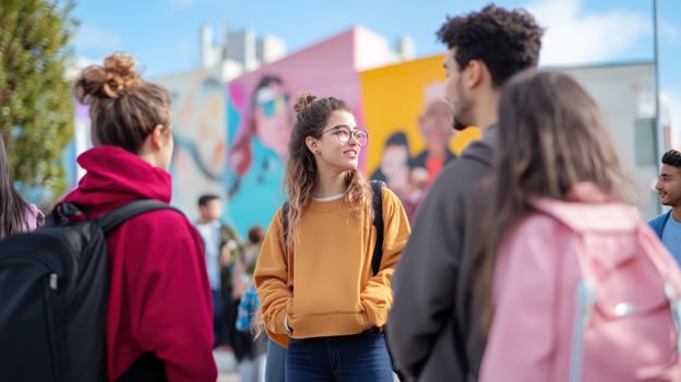 Group of young friends talking and laughing on the street, with colorful building in the background. photo
