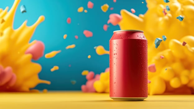 Red aluminum can with condensation on a yellow surface in front of colorful paint splatter. photo