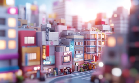A miniature cityscape with colorful buildings, street lights, and tiny people walking along the sidewalk. photo