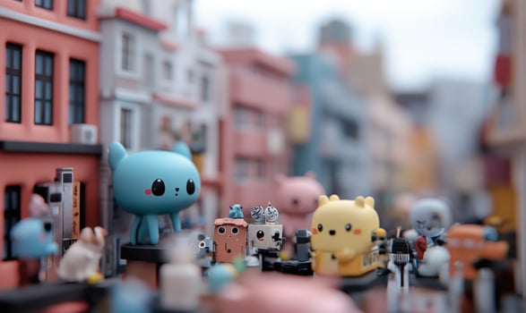 Colorful cartoon figures standing on a miniature city street. photo