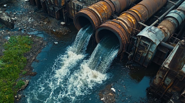 Industrial wastewater flowing into a river. photo