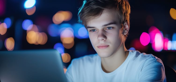 Young man using laptop in a dimly lit room. photo