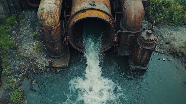 Rusted industrial pipe discharging water into a river. photo