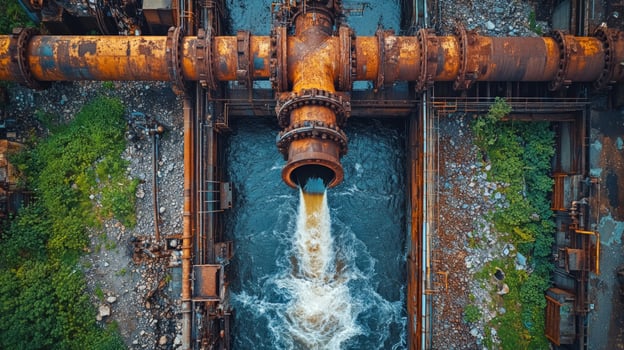 Rusty pipe discharging water into a polluted river, an aerial view. photo