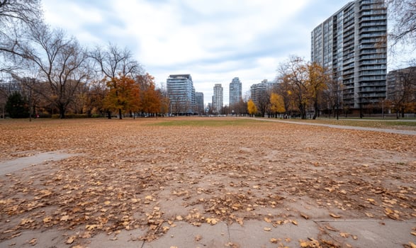 Empty urban park with fallen leaves in the foreground and buildings in the distance. photo