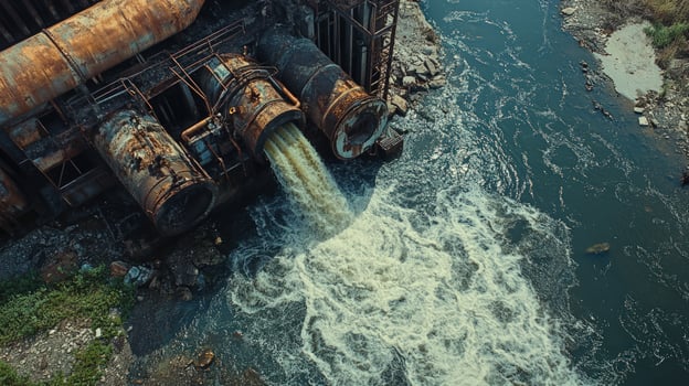 Rusty pipes release polluted wastewater into a river, aerial view. photo