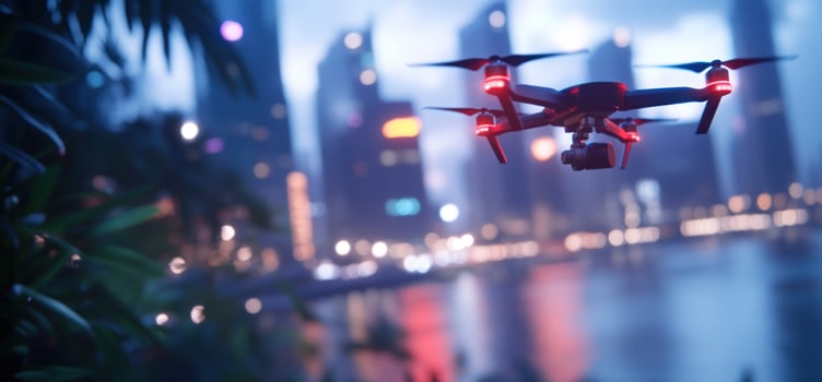Drone flying over a city at night. photo