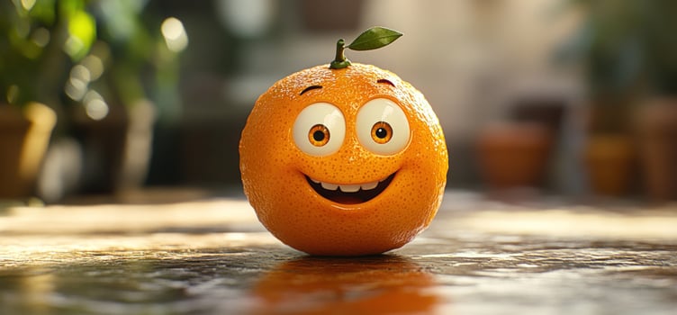 A smiling cartoon orange with big eyes and a happy expression. photo