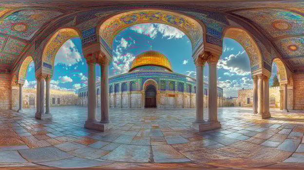 A panoramic view of the Dome of the Rock in Jerusalem, with its golden dome and intricate mosaic decorations. photo